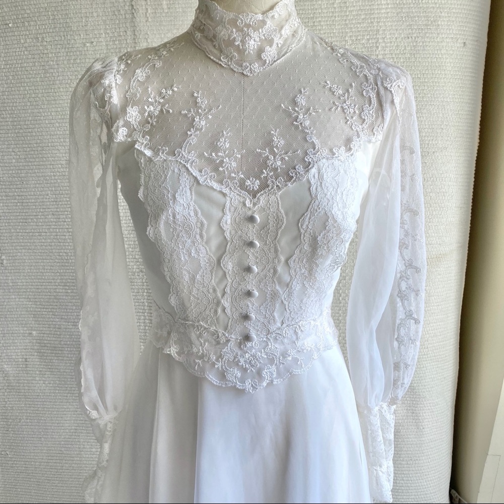 Vintage 70s 2/4 Boho Prairie Lace Wedding Dress - Picture 2 of 8